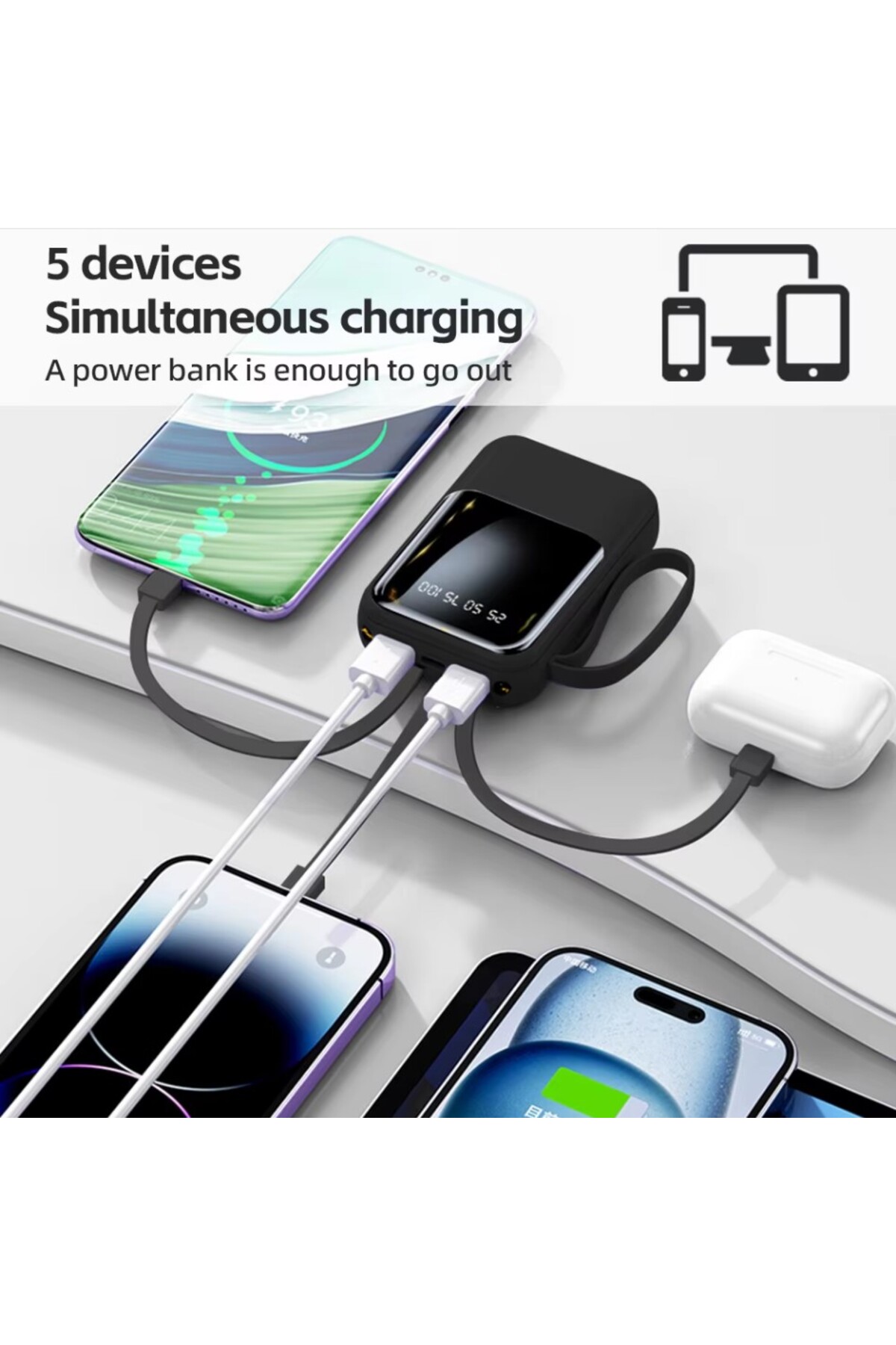 10.000mAh, USB-A Dahili Type-C, Mikro, Lightning Kablolu, LCD Taşınabilir Powerbank