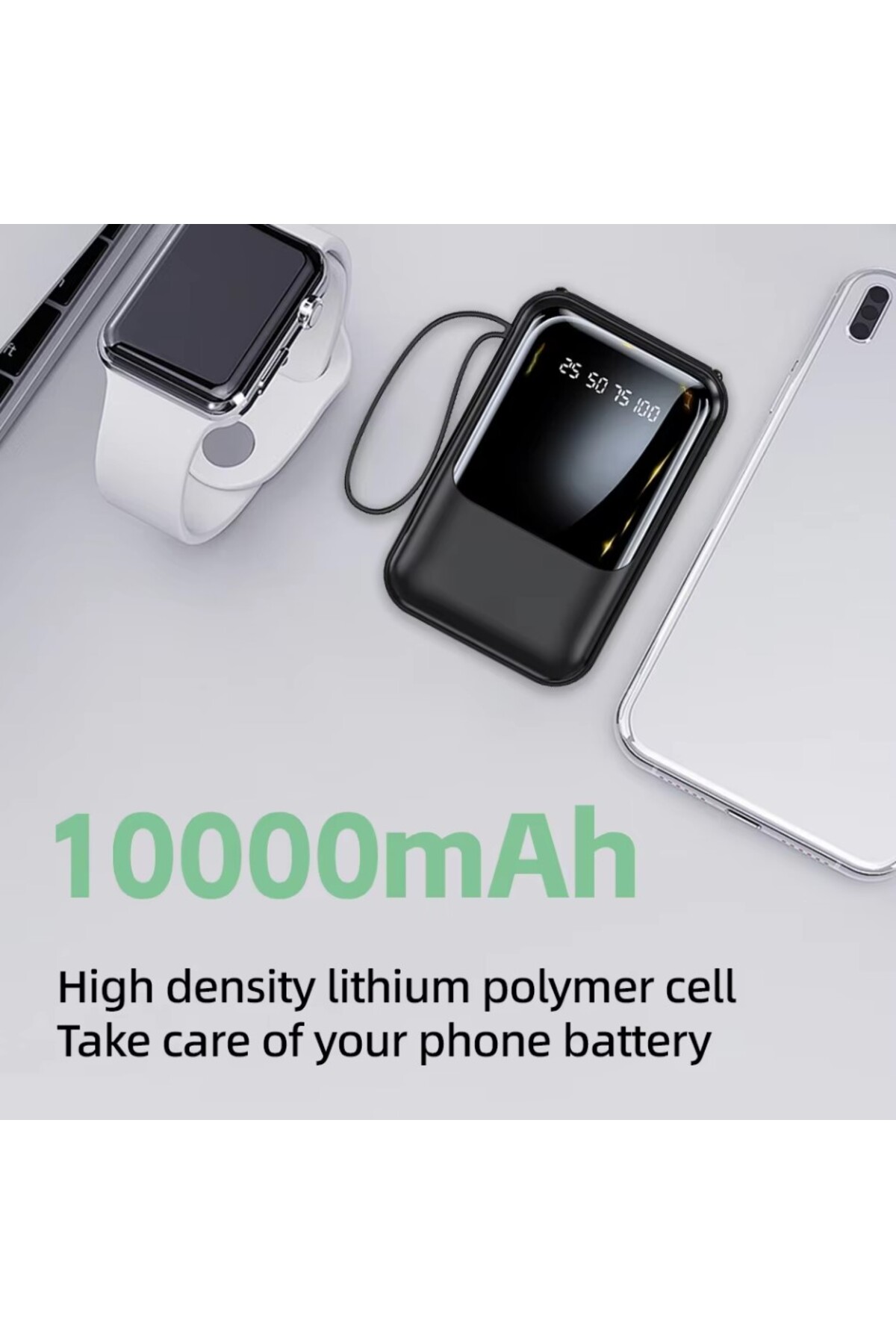 10.000mAh, USB-A Dahili Type-C, Mikro, Lightning Kablolu, LCD Taşınabilir Powerbank