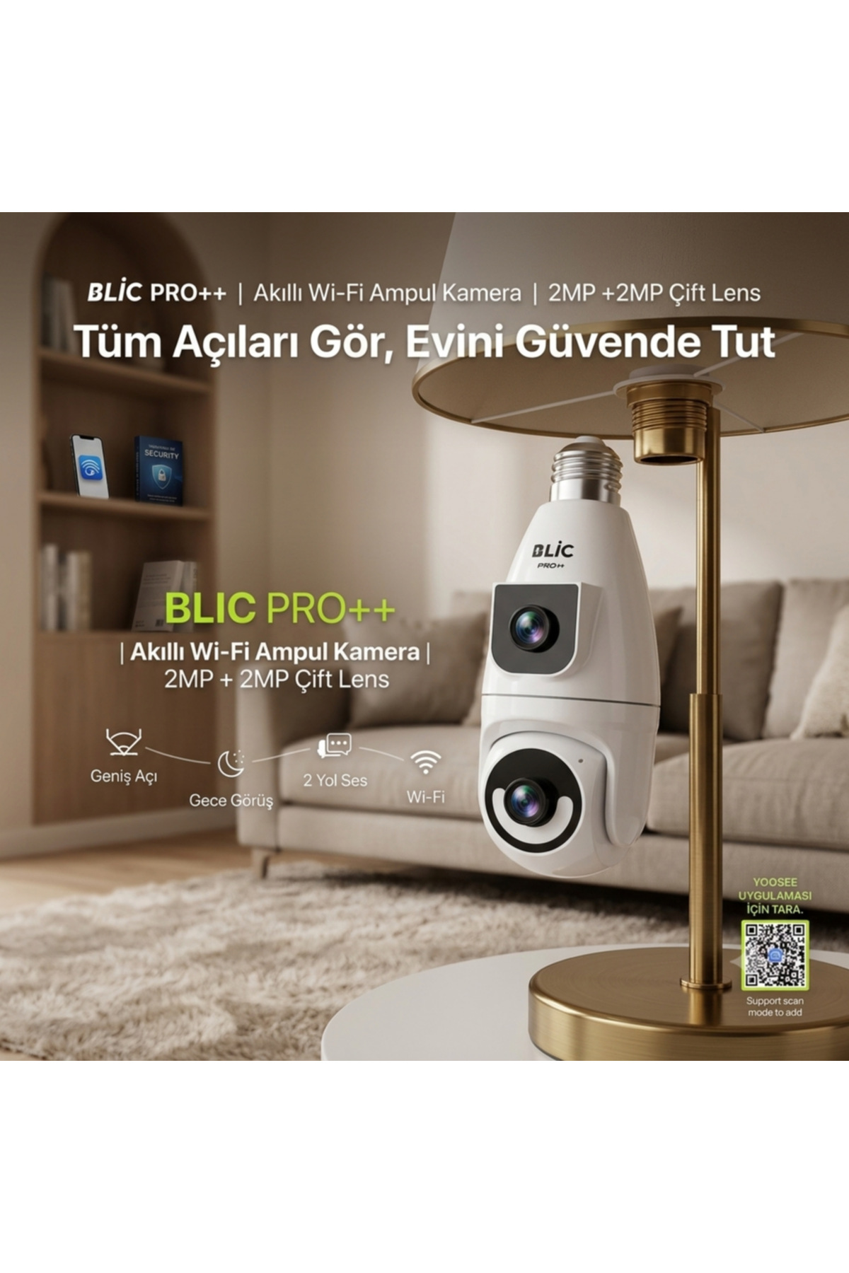 2.4G Wifi Bağlantılı 1080p Çözünürlüklü 2+2 4mp Full HD Akıllı Ampul Kamera