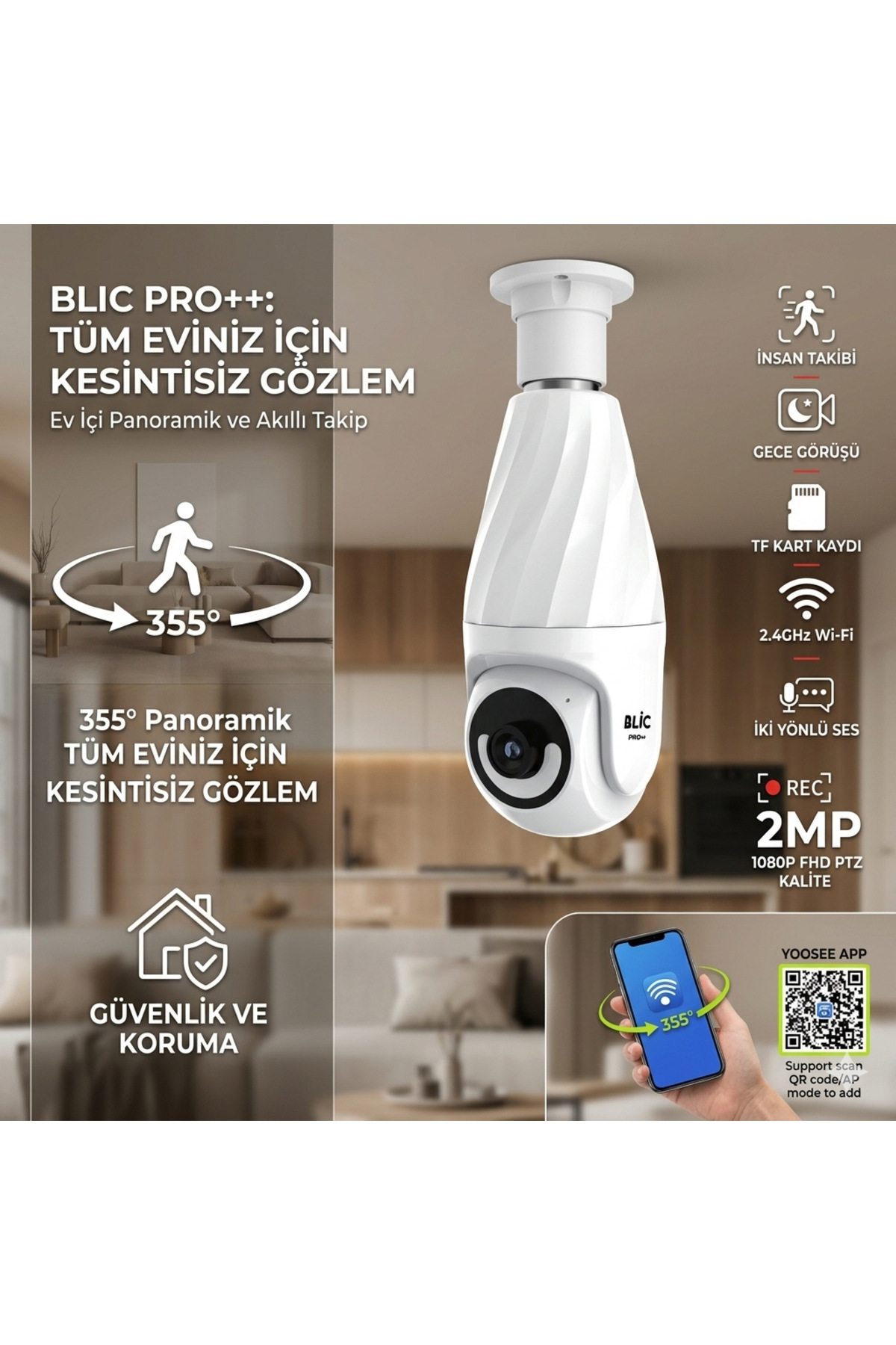 2.4G Wifi Bağlantılı 1080p Çözünürlüklü 2mp Full HD Akıllı Ampul Kamera