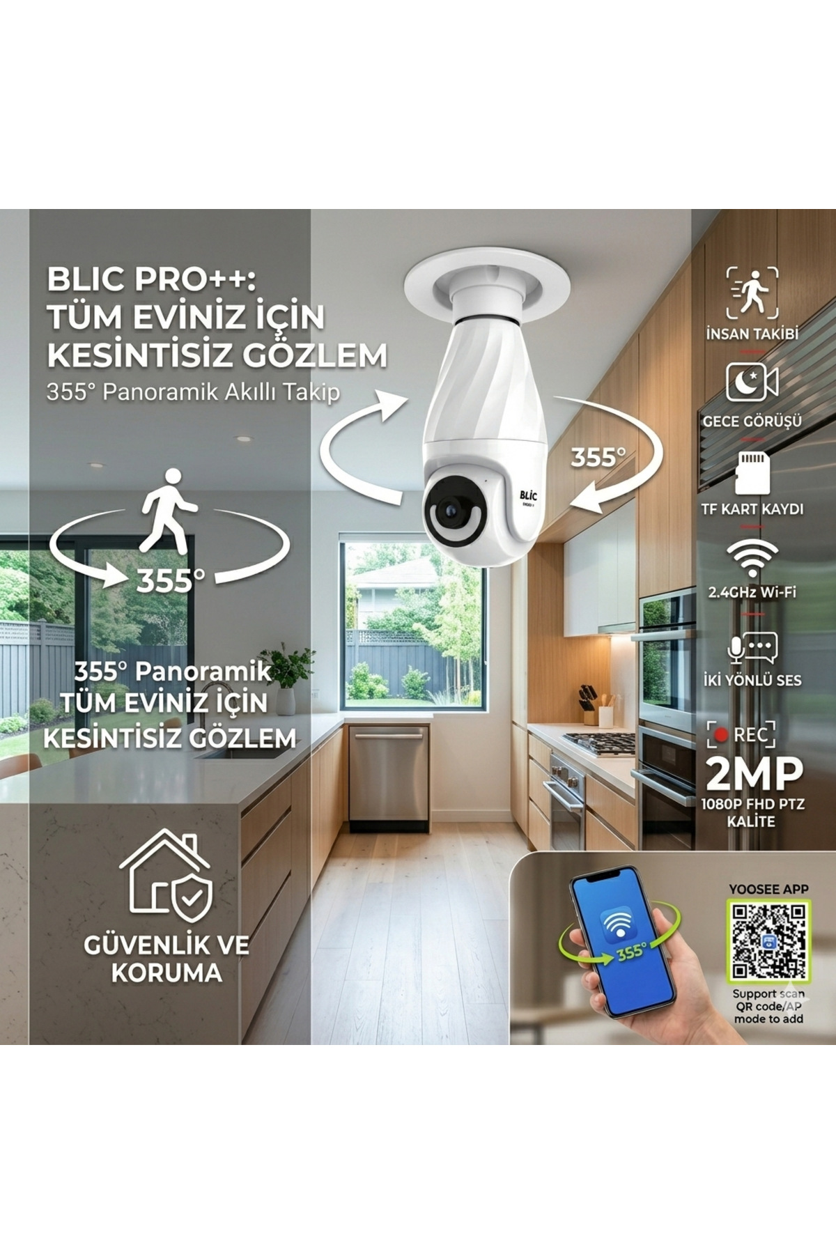 2.4G Wifi Bağlantılı 1080p Çözünürlüklü 2mp Full HD Akıllı Ampul Kamera