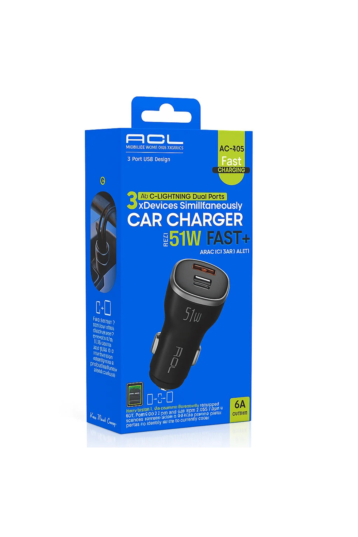 3 Girişli Araç İçi Şarj Soketi 51W – Hızlı Şarj, Usb + Type-C, 3 Cihaz Desteği