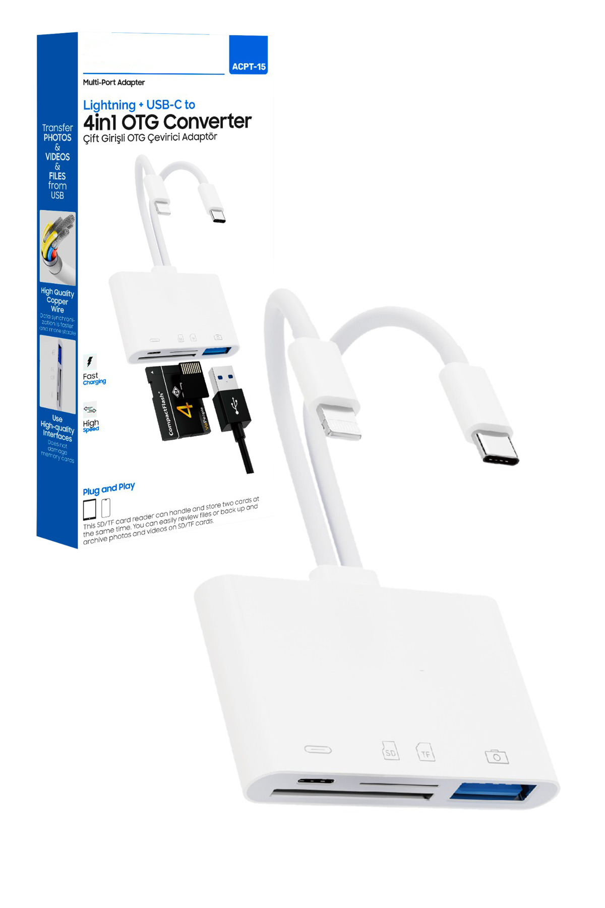 4in1 Lightning + Type-C to OTG Çevirici Hızlı Şarj ve Veri Aktarımı SD/TF/USB Çoklu Port Adaptör