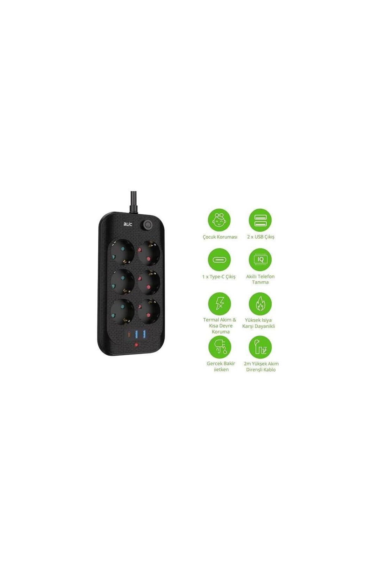 6'lı Çoklu Priz–2 USB+1 Type-C Hızlı Şarj Girişli,Termal Akım ve Çocuk Korumalı, Uzatma Prizi