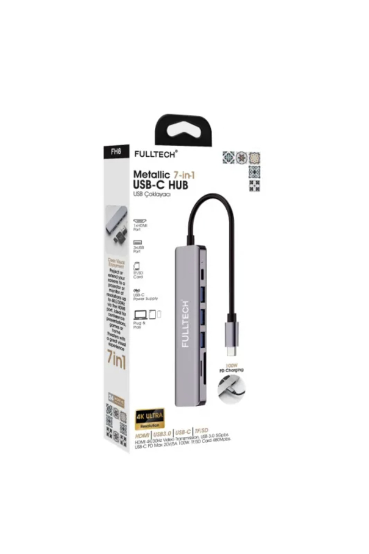 7-in-1 USB-C Hub 3xUSB-A, 1xUSB-C ve 1xHDMI ve TF/SD kard Girişli, Metalik USB Çoklayıcı