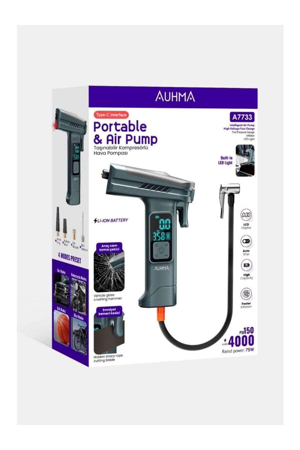 A7733 Taşınabilir Kompresörlü Hava Pompası 4000MAH|150 Psı | Dijital LCD Ekranlı