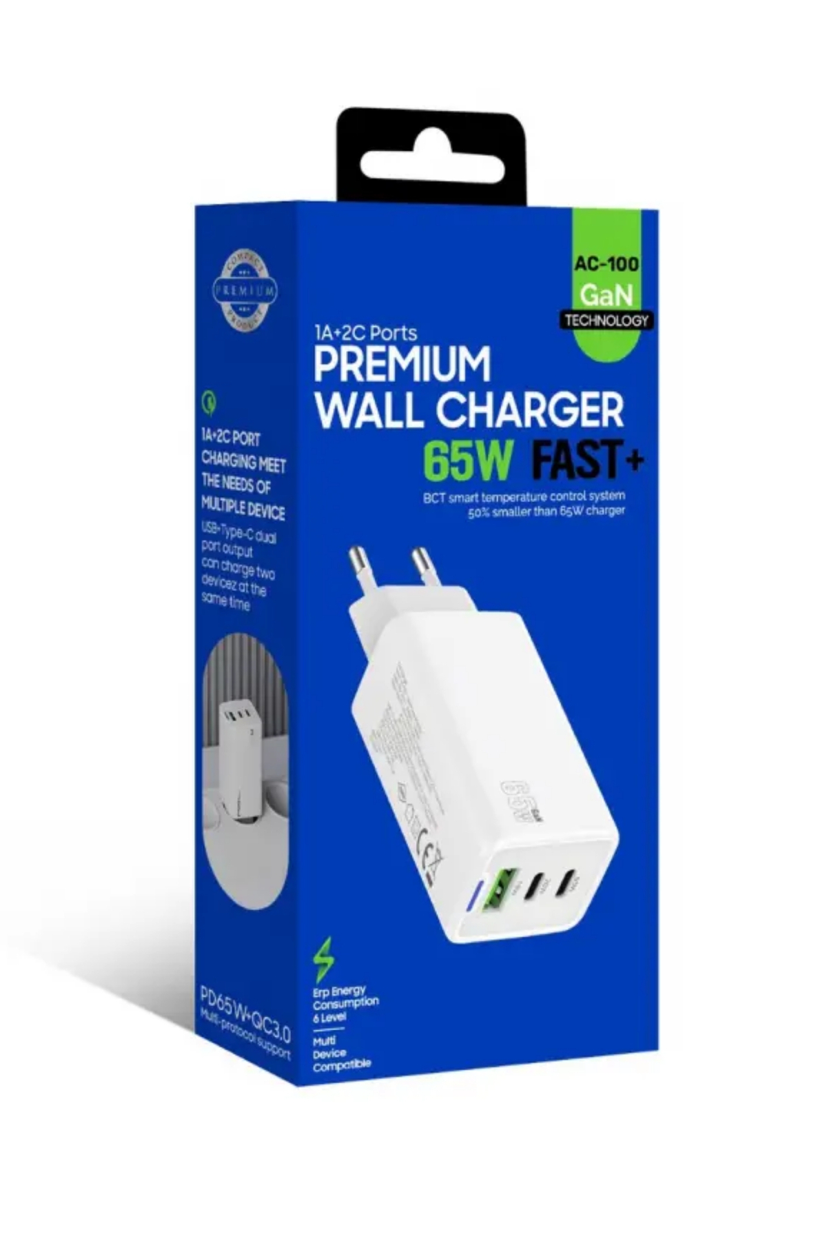 AC-100 65Watt, 1xUSB-A 2xUSB-C, LED Işıklı Duvar Şarj Aleti