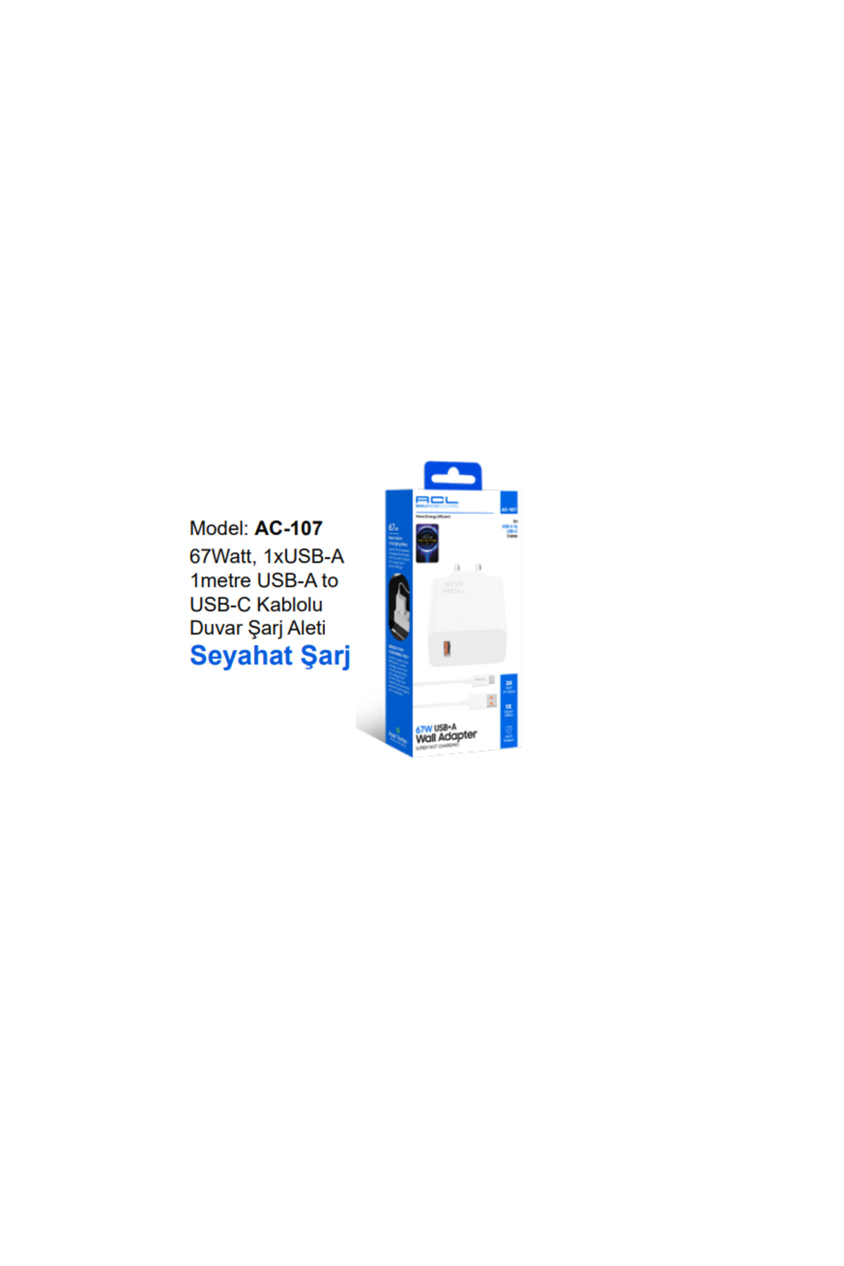 AC-107 67Watt, 1xUSB-A 1metre USB-A to USB-C Kablolu Duvar Şarj Aleti