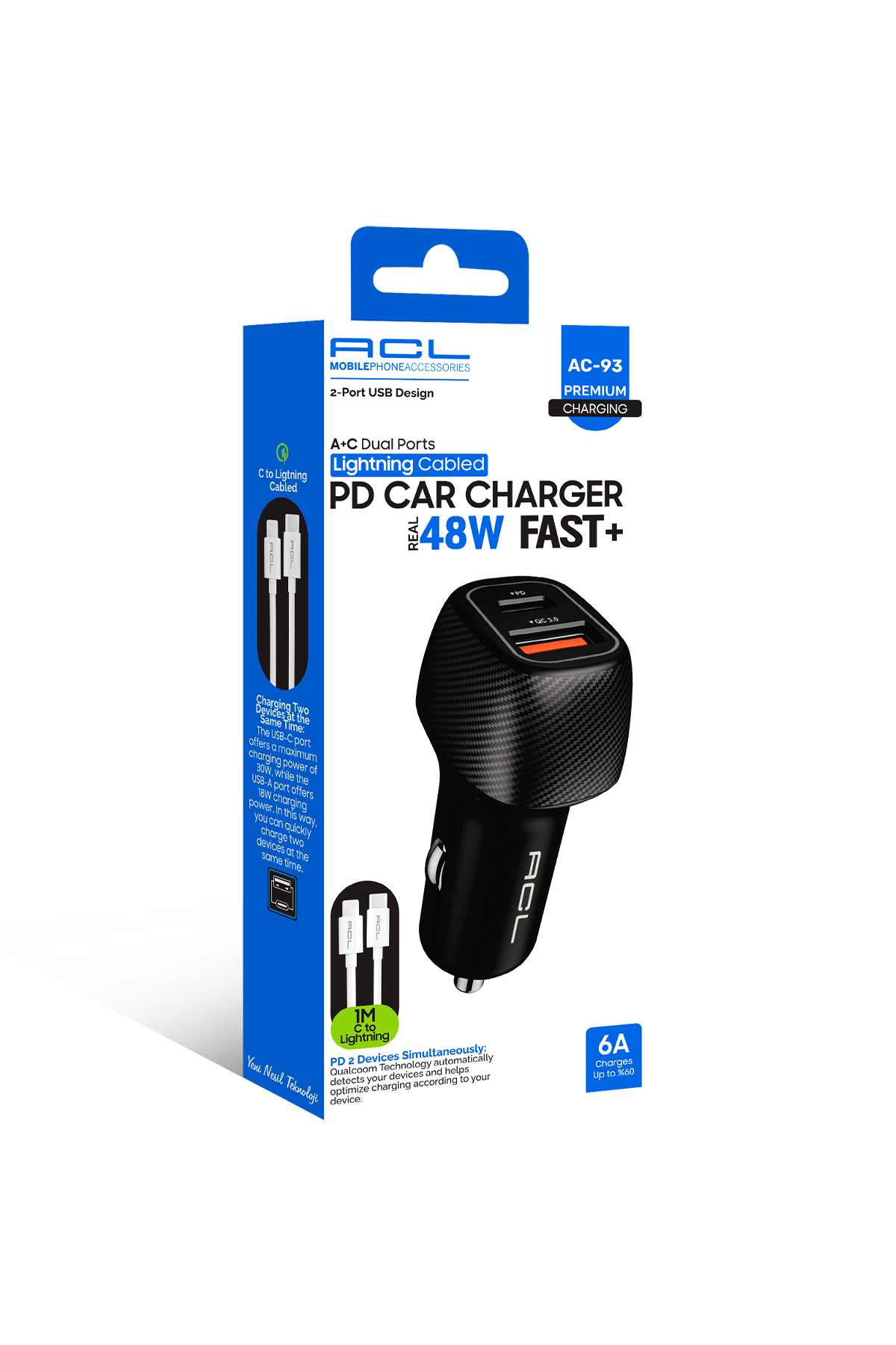 AC-93 48W PD 30W Çift Port Hızlı Araç Şarj Cihazı + Type-C Lightning Kablo
