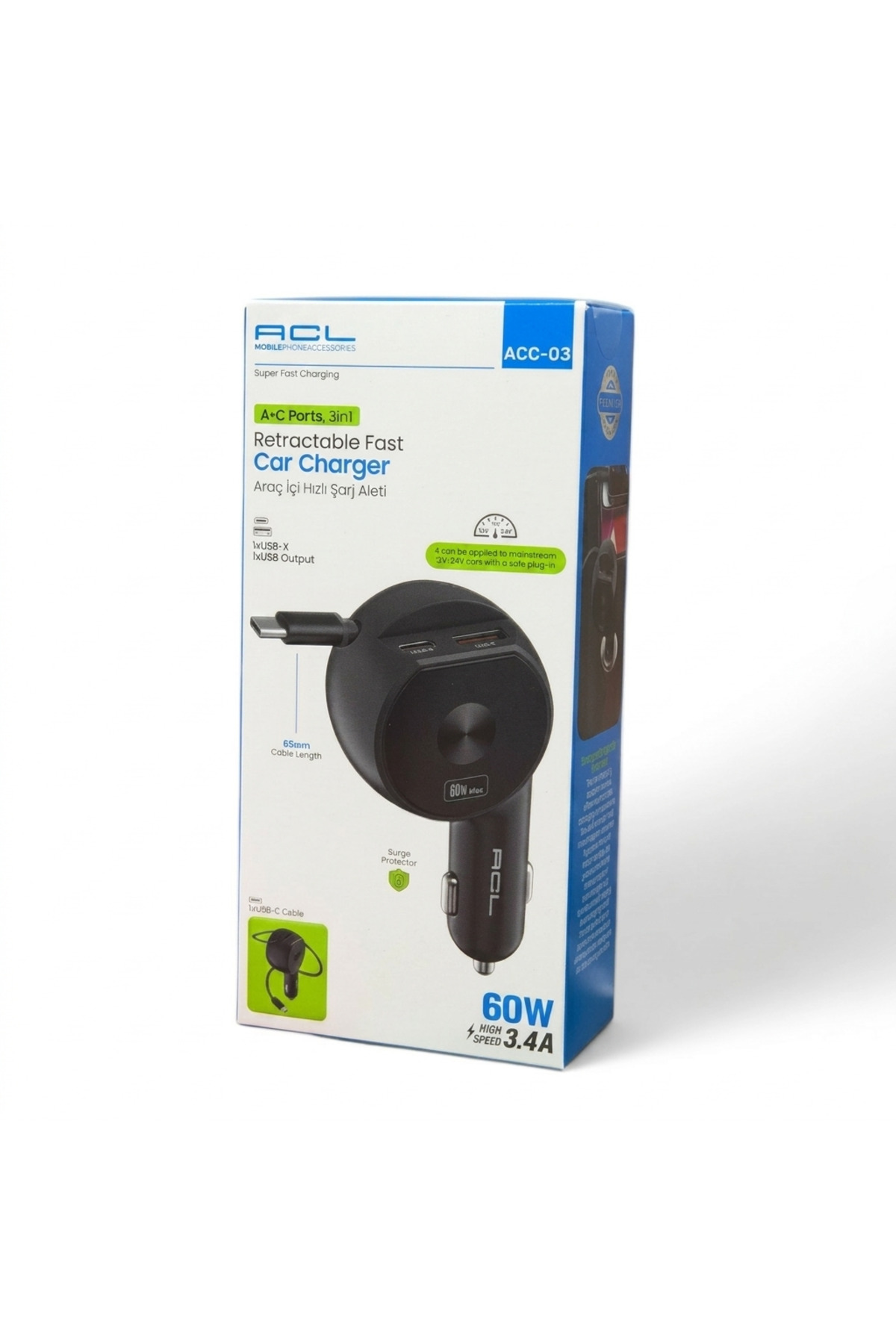ACC-03 60W Süper Hızlı Araç Şarj Cihazı-3in1 Makaralı Geri Çekilebilir Type-C Kablolu -180°Dönen Baş