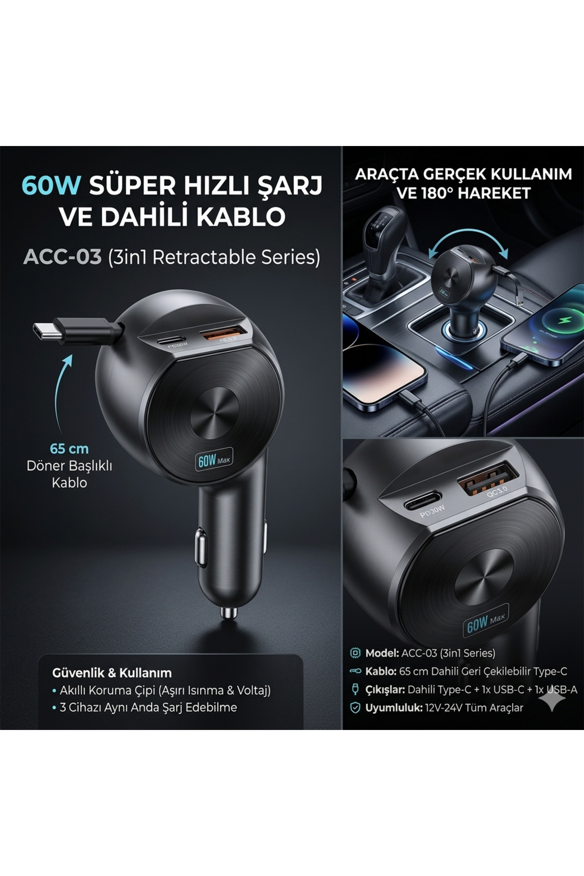 ACC-03 60W Süper Hızlı Araç Şarj Cihazı-3in1 Makaralı Geri Çekilebilir Type-C Kablolu -180°Dönen Baş
