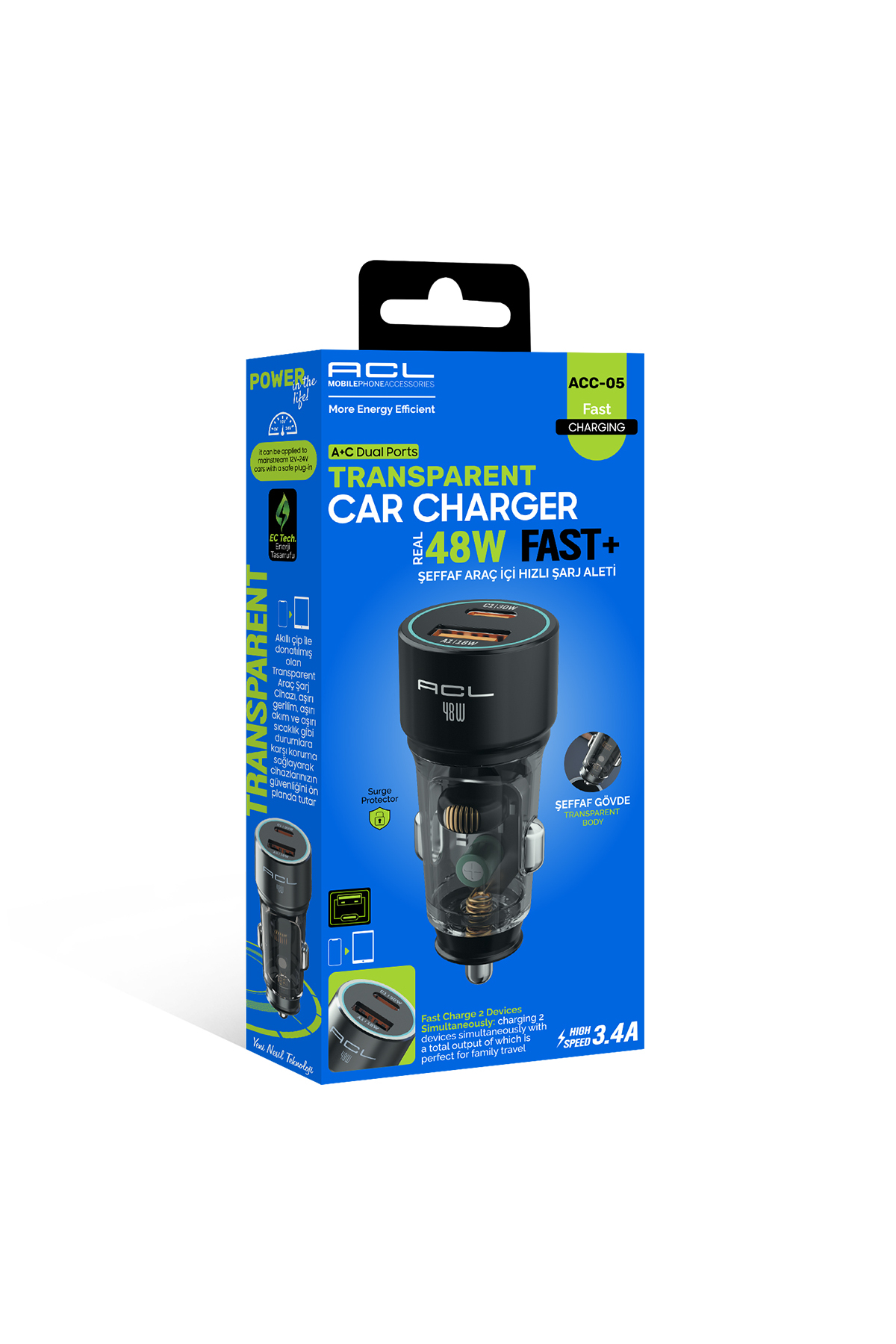 ACC-05 Hızlı Araç Şarj Cihazı 48W PD 30W + QC 18W Çift Çıkışlı Şeffaf Oto Şarj Başlığı
