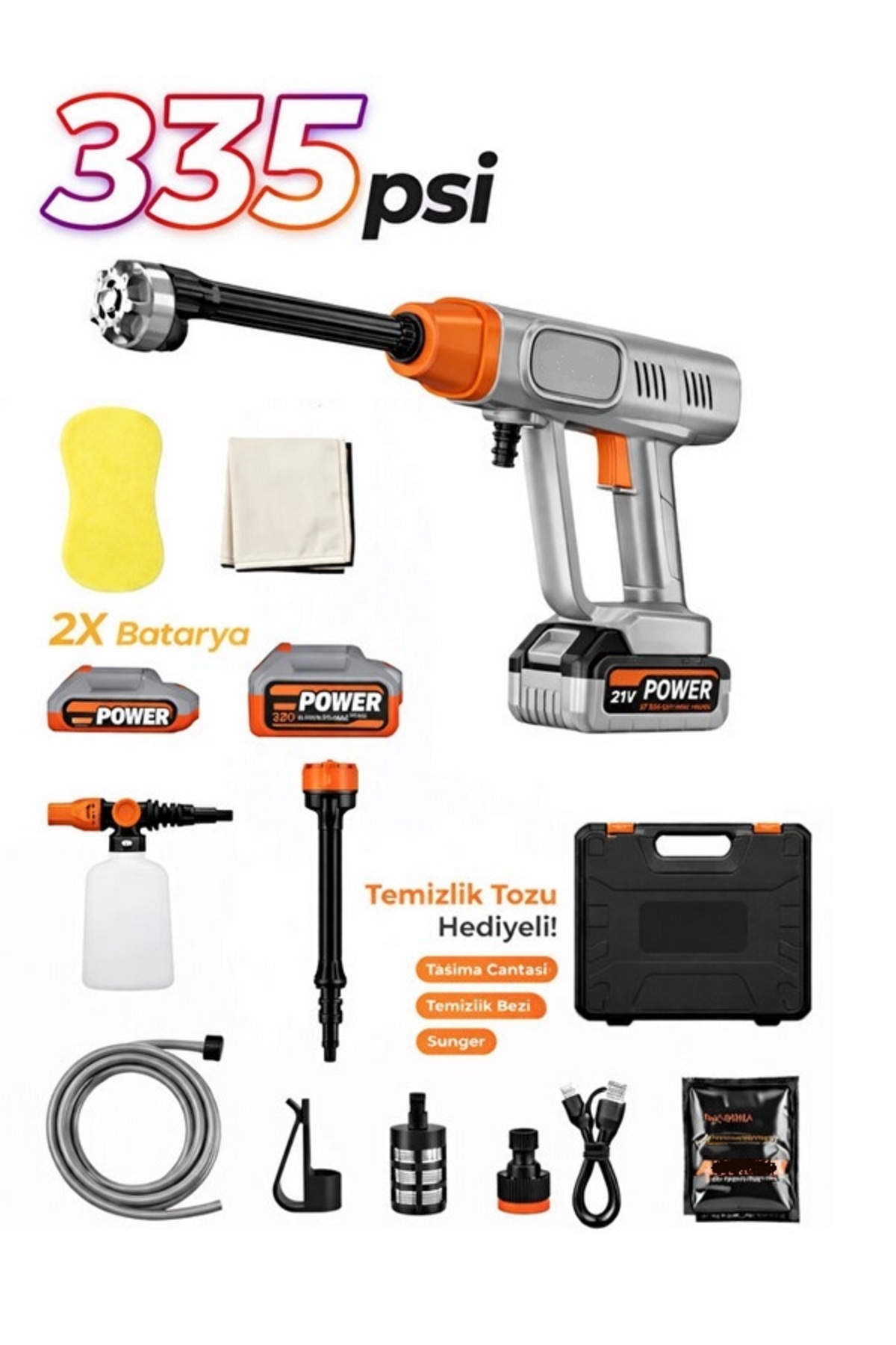 ACR-05 Akülü Basınçlı Yıkama Makinesi 18.000rpm 335psi 21v 25.000mAH 170W Çift Batarya Full Set Araç Motosiklet Bisiklet Şarjlı Yıkama Tabancası