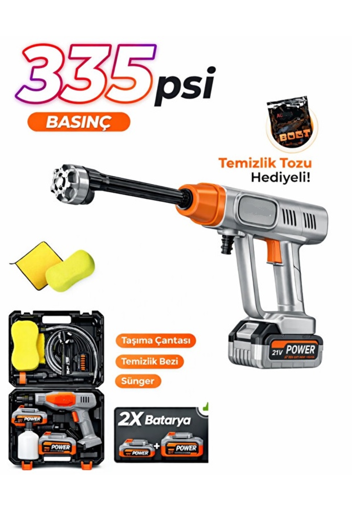ACR-05 Akülü Basınçlı Yıkama Makinesi 18.000rpm 335psi 21v 25.000mAH 170W Çift Batarya Full Set Araç Motosiklet Bisiklet Şarjlı Yıkama Tabancası