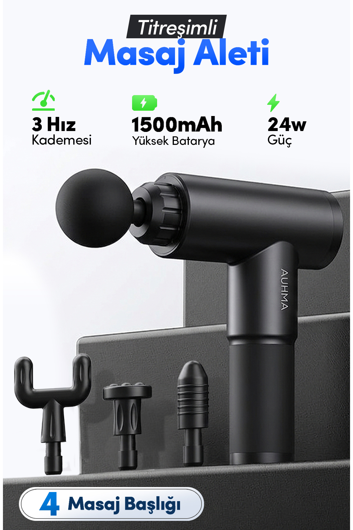 AMG35 Şarjlı Masaj Tabancası 24W | 3 Kademeli Titreşimli Massage Gun | 4 Başlıklı Profesyonel
