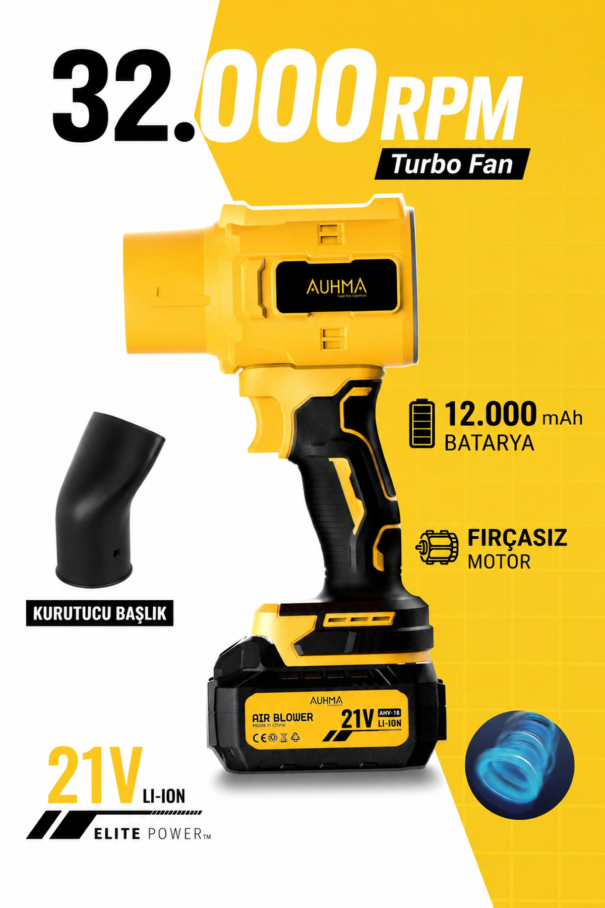 AUHMA AHV-18 Şarjlı Turbo Fan Hava Üfleyici 21V Kömürsüz Motor (Brushless) - 32.000 RPM 12000mAh Güç
