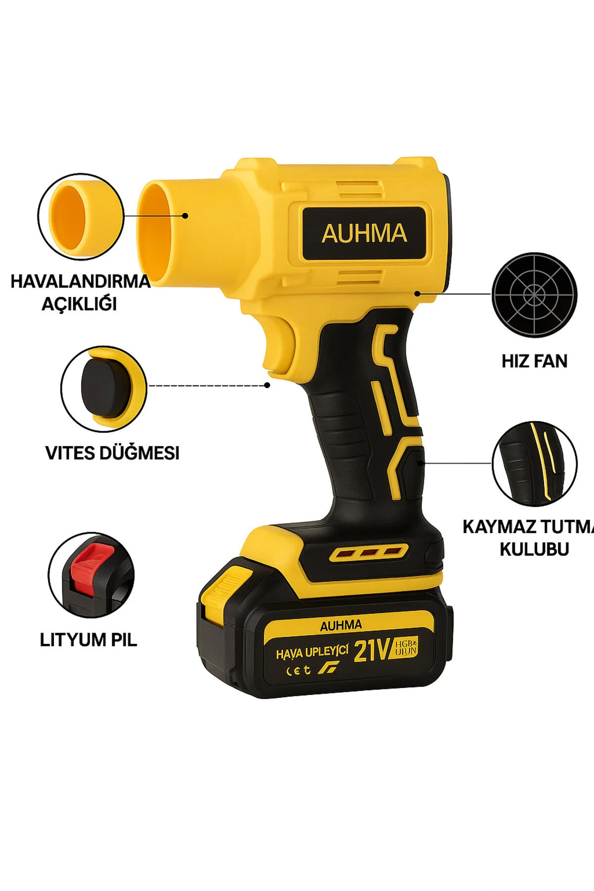 AUHMA AHV-18 Şarjlı Turbo Fan Hava Üfleyici 21V Kömürsüz Motor (Brushless) - 32.000 RPM 12000mAh Güç