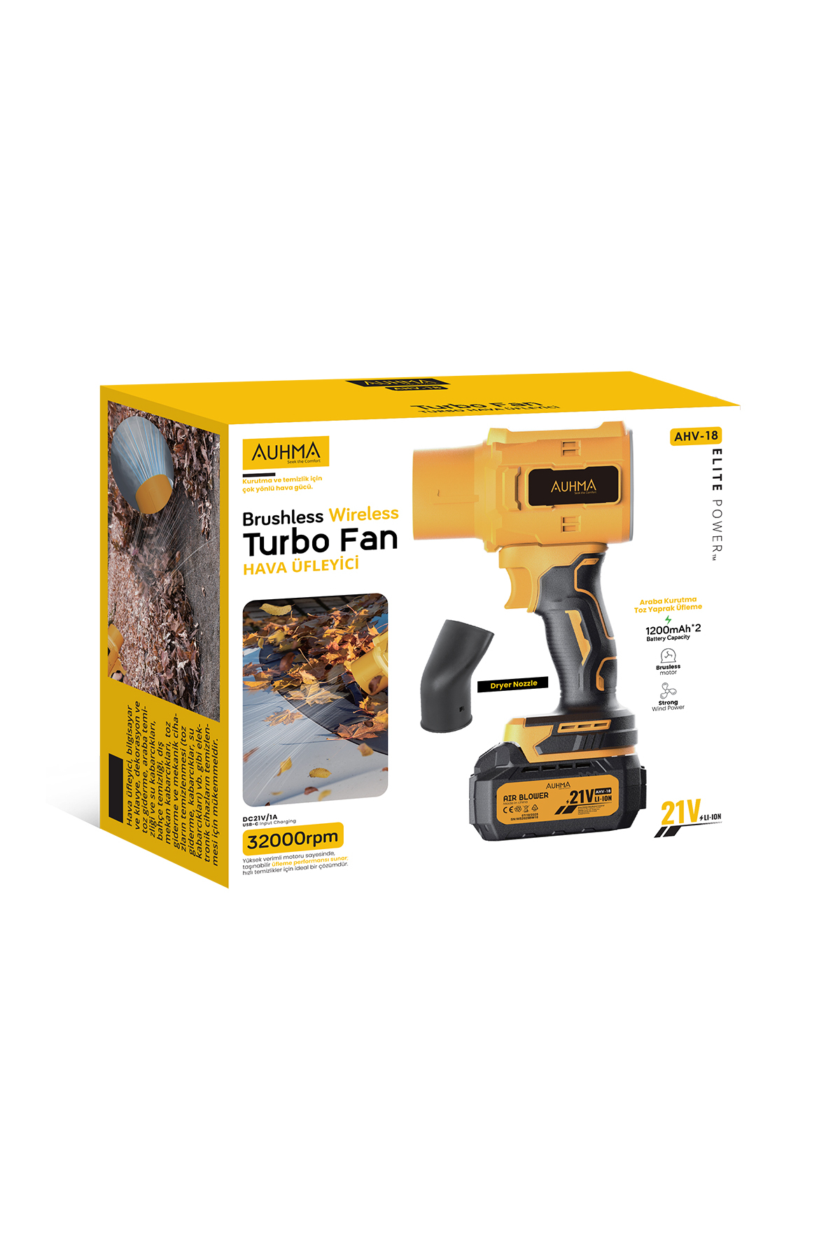 AUHMA AHV-18 Şarjlı Turbo Fan Hava Üfleyici 21V Kömürsüz Motor (Brushless) - 32.000 RPM 12000mAh Güç