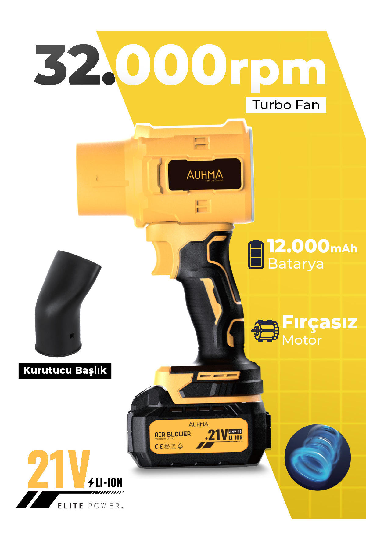 AUHMA AHV-18 Şarjlı Turbo Fan Hava Üfleyici 21V Kömürsüz Motor (Brushless) - 32.000 RPM 12000mAh Güç