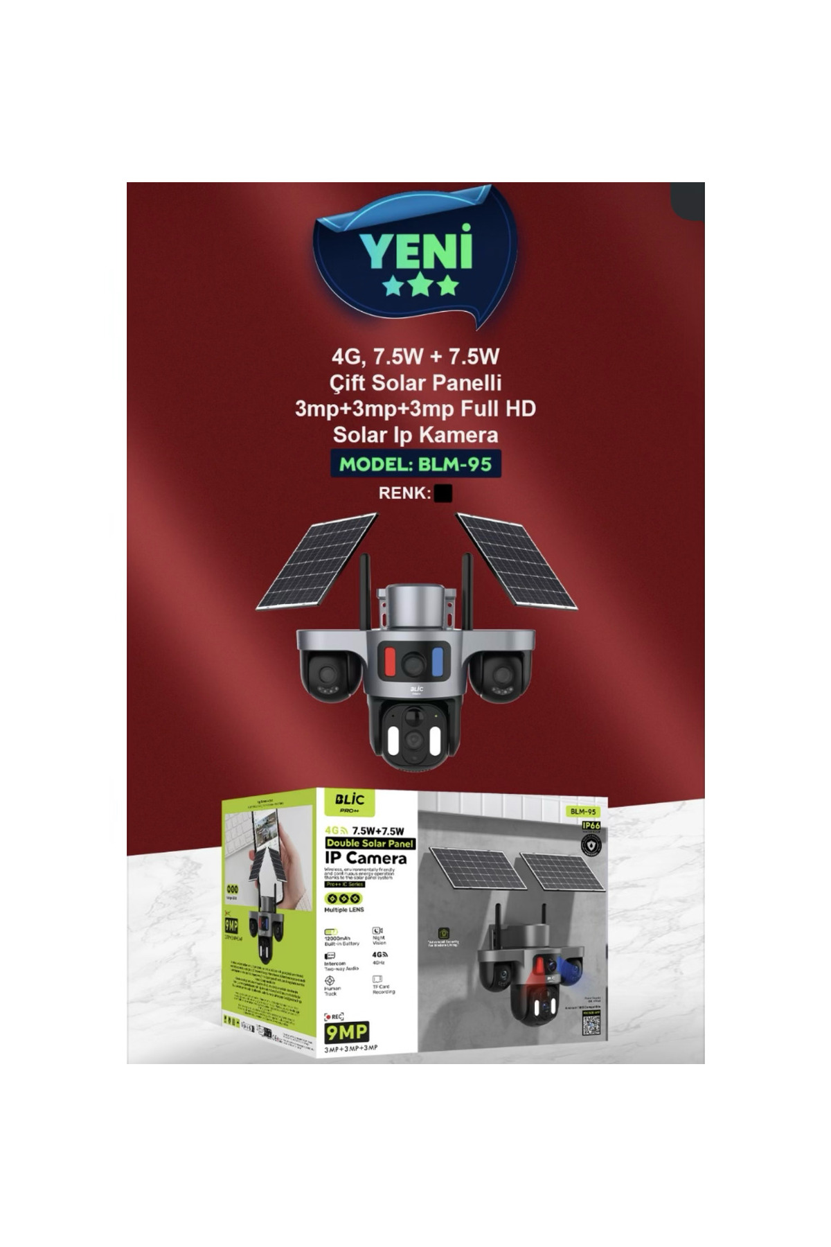 BLM-95 4G Çift Solar Panelli 9MP IP Güvenlik Kamerası - 3 Lensli Full HD Hareketli Kamera