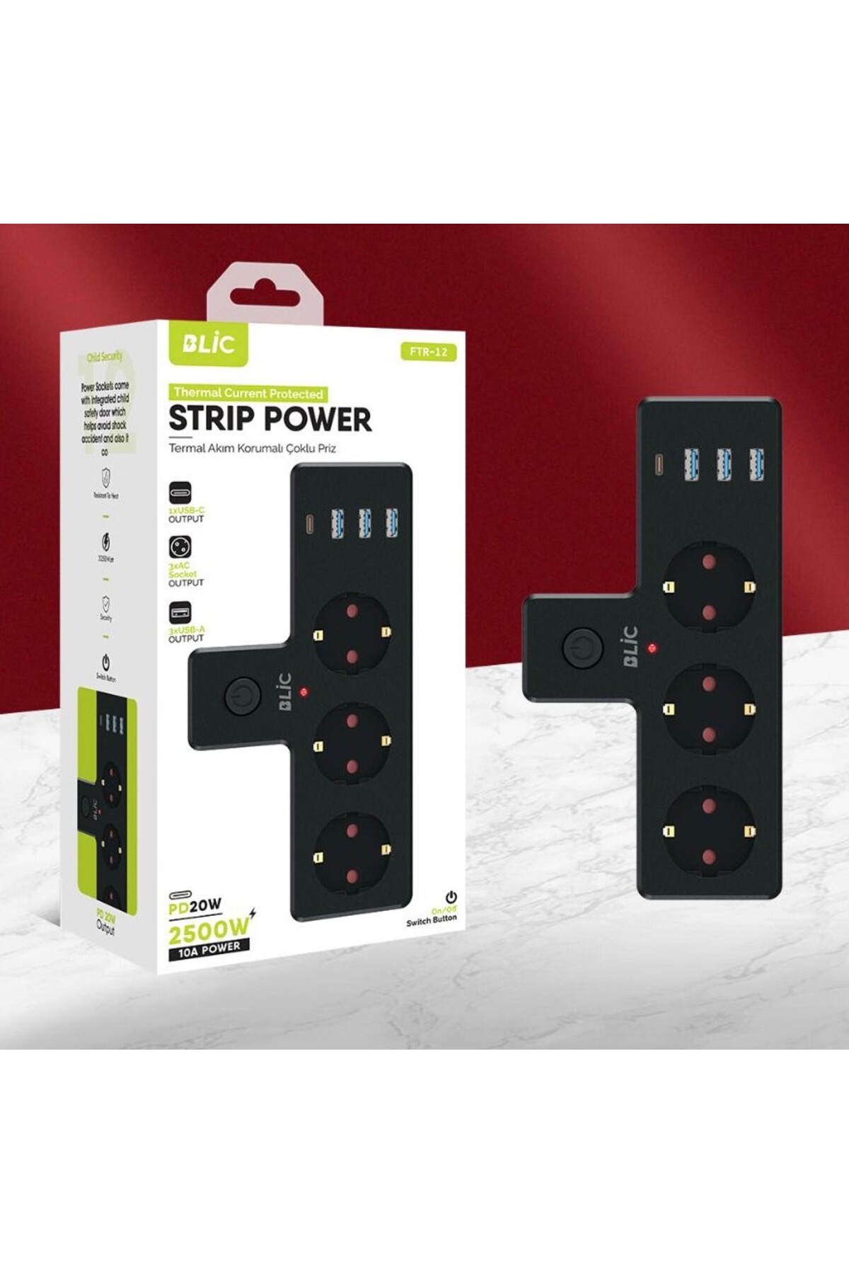 FTR-12 - 3xusb-a 3xsoket 1xusb-c 2500w pd20w akım korumalı priz