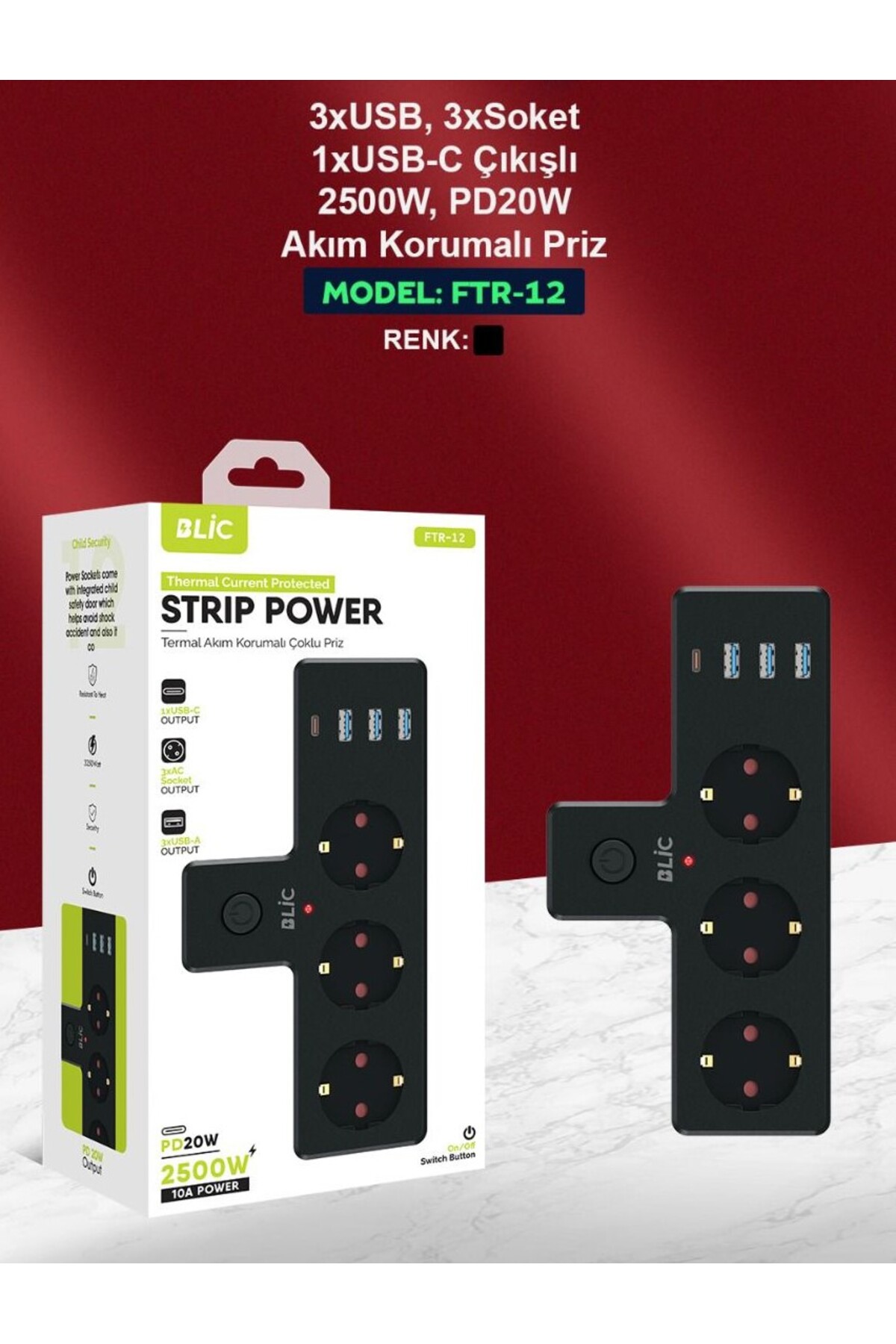 FTR-12 - 3xusb-a 3xsoket 1xusb-c 2500w pd20w akım korumalı priz