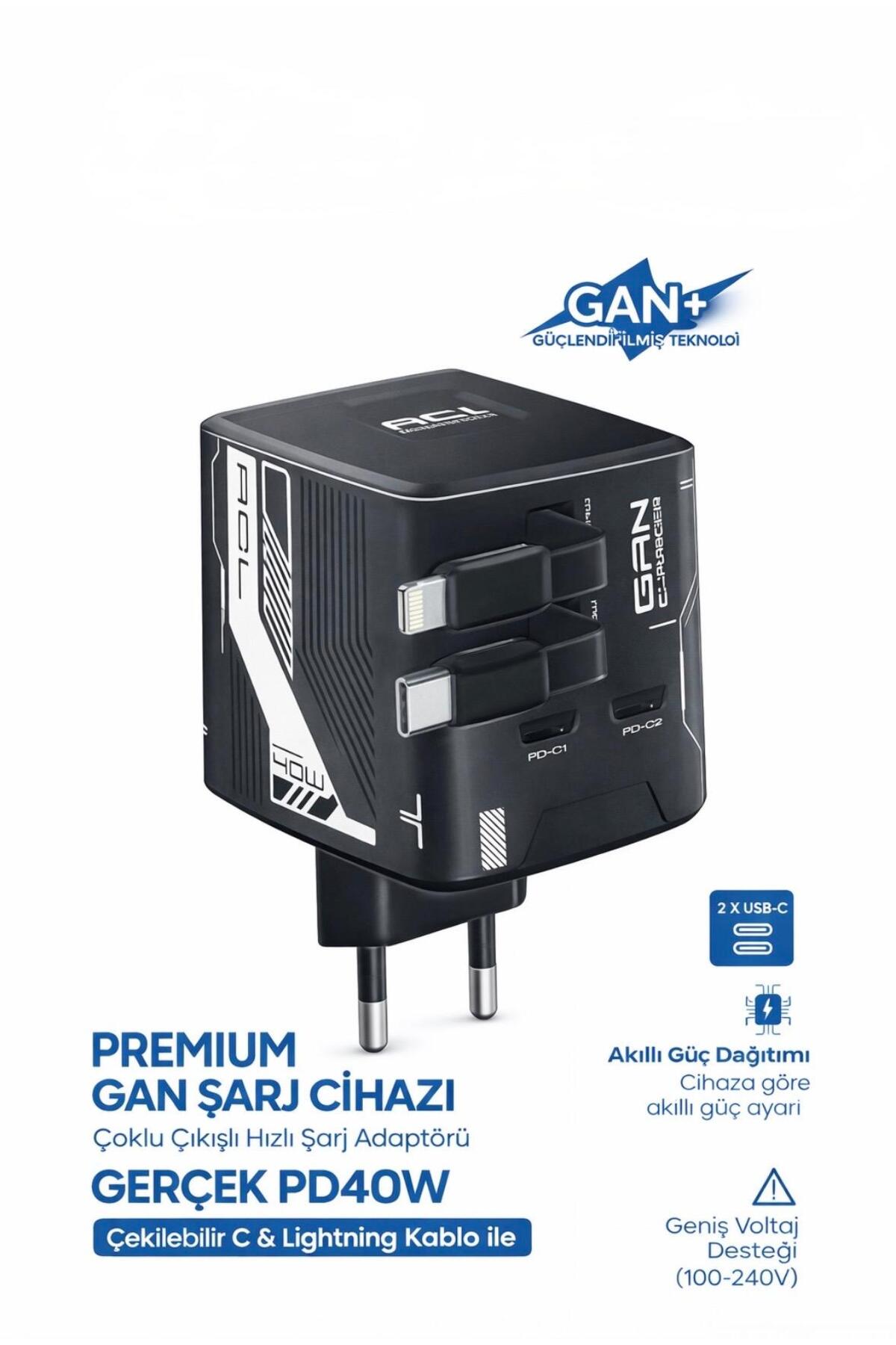 GaN PD 40W Hızlı Şarj Adaptörü Çoklu Çıkış USB-C Lightning Kablolu Hızlı Şarj Cihazı Ev Ofis Uyumlu