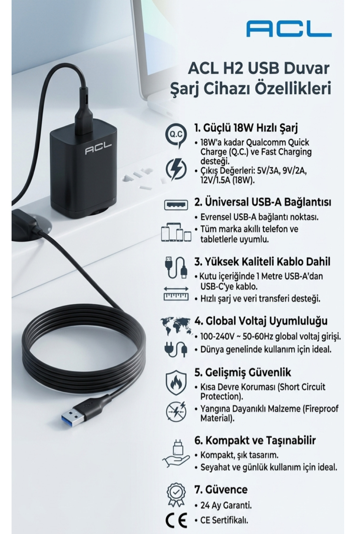 H2 Hızlı Şarj 3.4 18W Siyah Şarj Cihazı