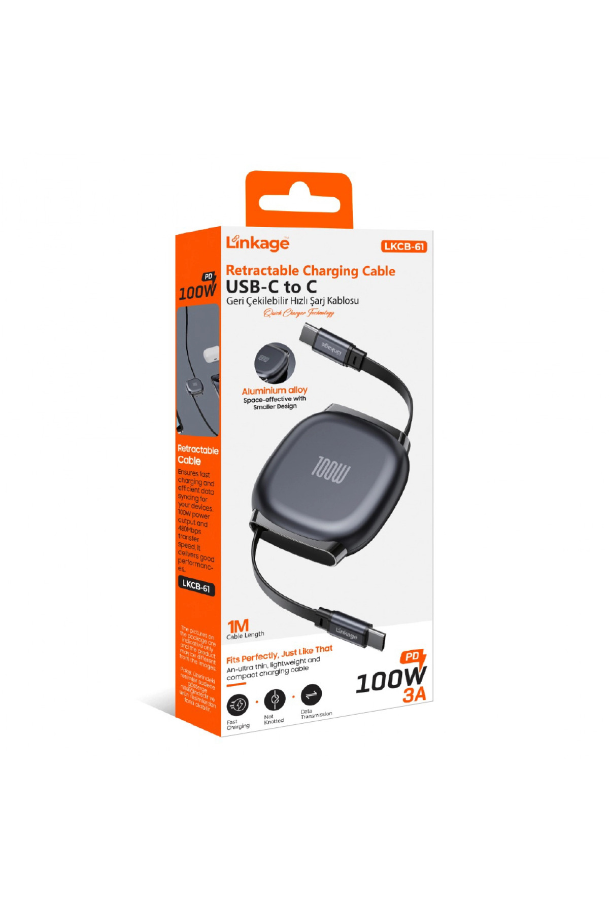 LKCB-61 PD 100W 3A, 1Metre USB-C’den C’ye Geri Çekilebilir Şarj Kablosu