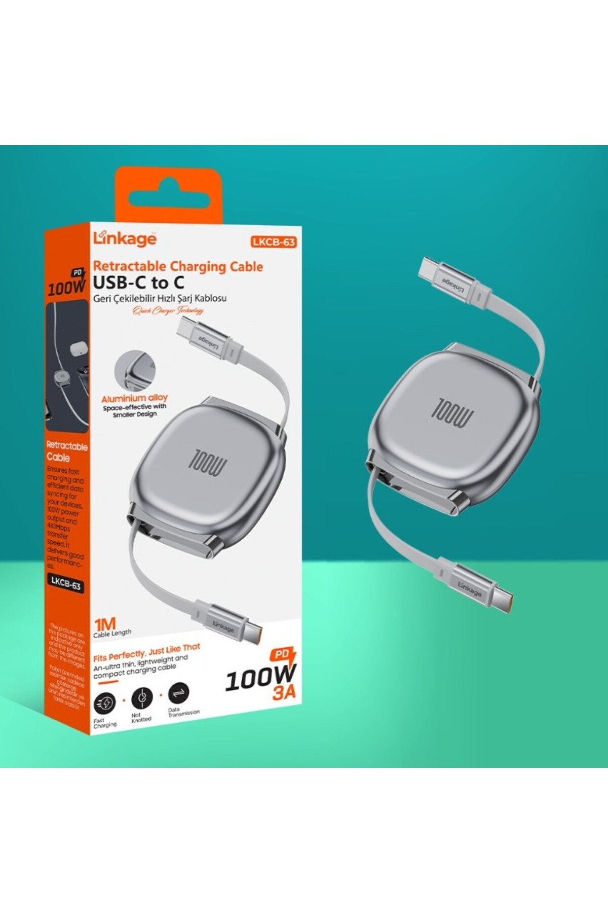 LKCB-63 PD 100W 3A, 1Metre USB-C’den C’ye Geri Çekilebilir Şarj Kablosu