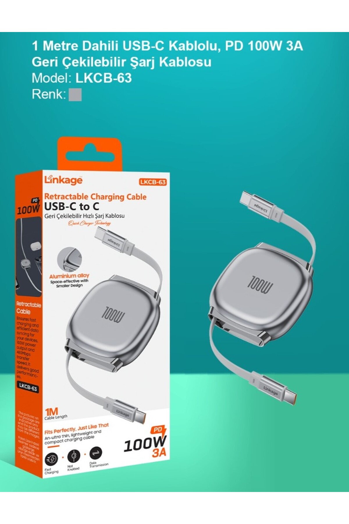 LKCB-63 PD 100W 3A, 1Metre USB-C’den C’ye Geri Çekilebilir Şarj Kablosu