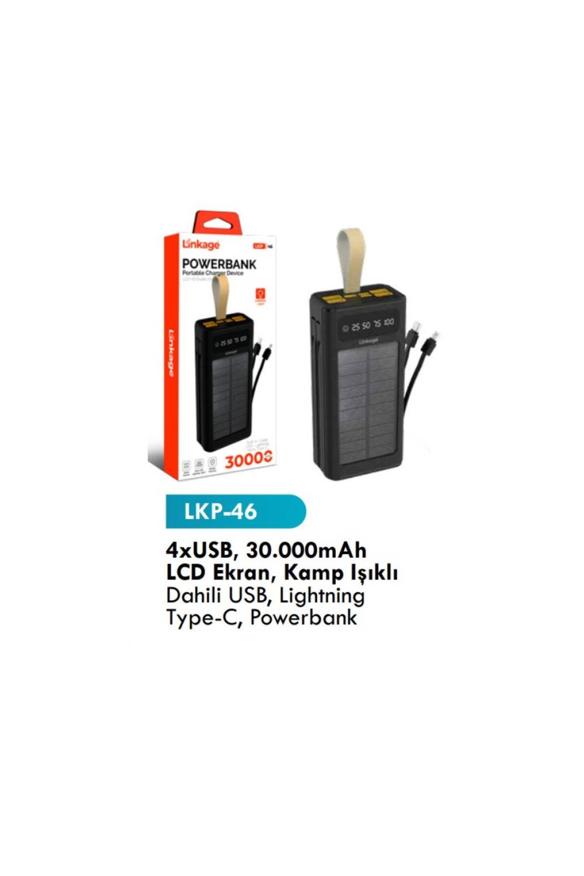 Lkp-46 4xUSB, 30.000mAh LCD Ekran, Kamp Işıklı Dahili USB, Lightning Type-C, Powerbank