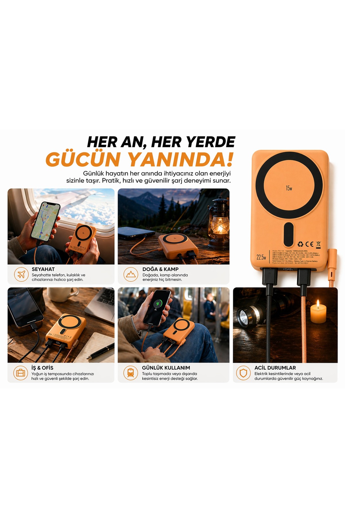 MagSafe 10000mAh Kablosuz Powerbank 22.5W PD Hızlı Şarj USB-C Dahili Kablolu