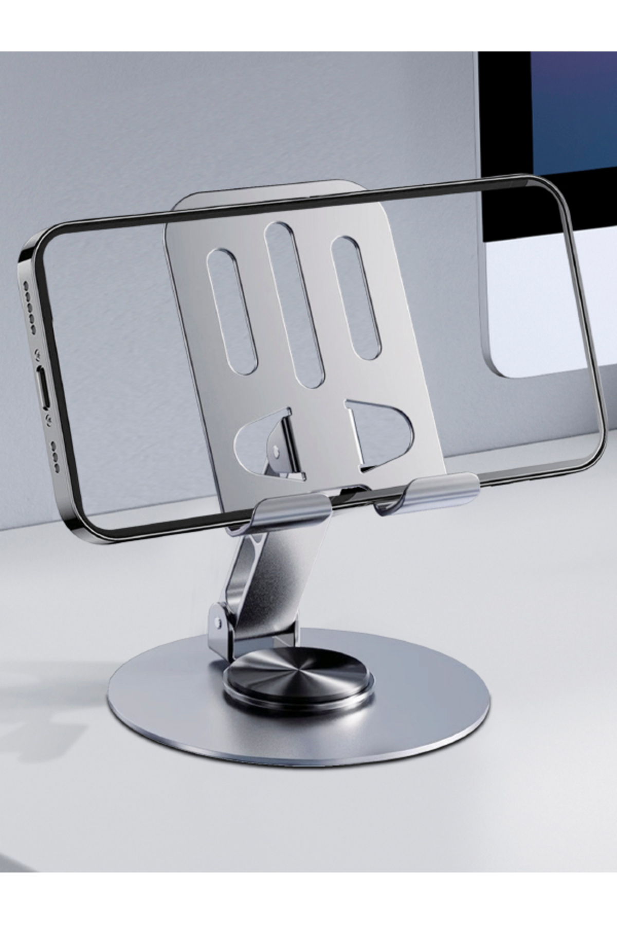 Metalik Telefon ve Tablet Tutucu Stand - ATD-01 | 360 Derece Dönen, Katlanabilir ve Silikon Koru