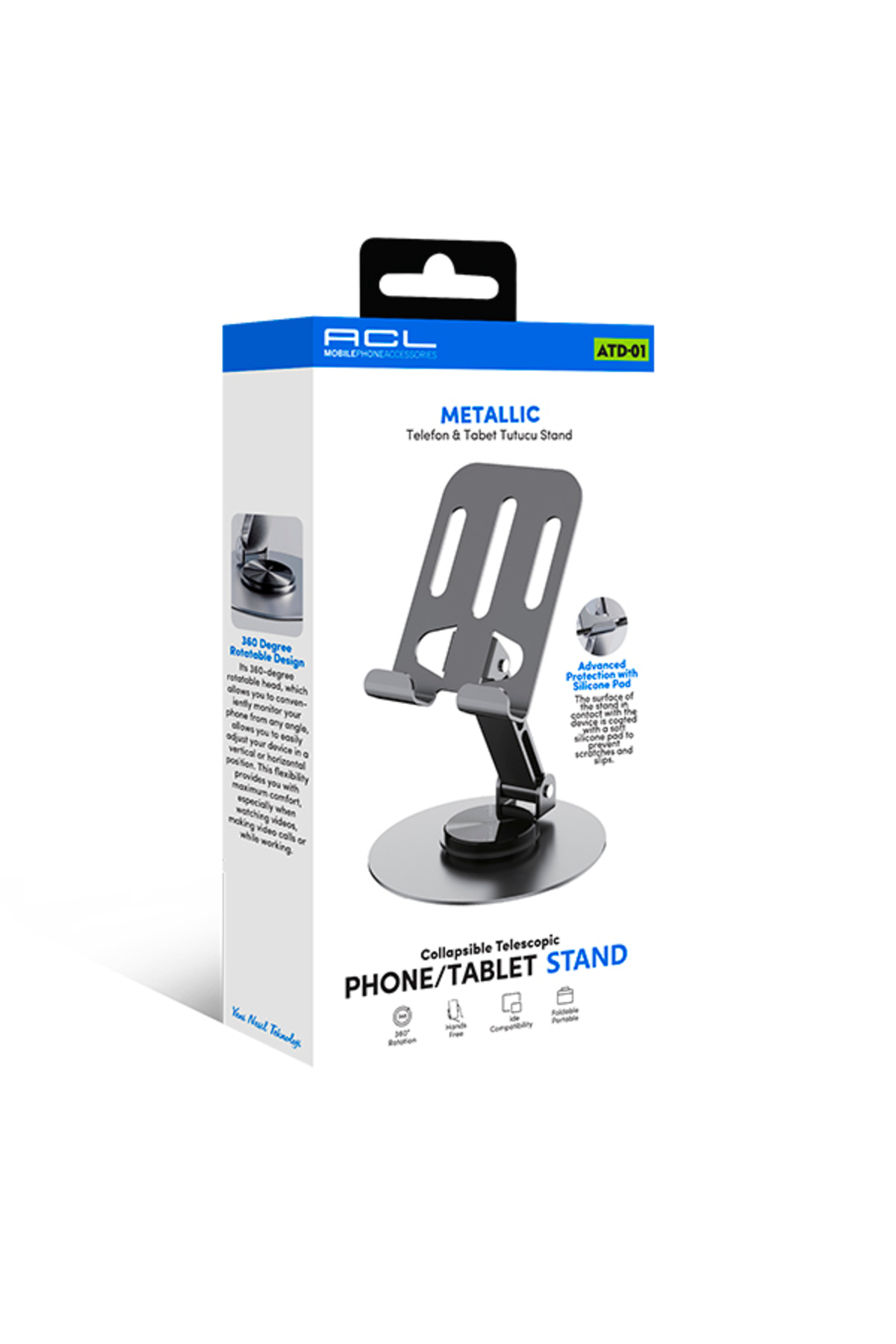 Metalik Telefon ve Tablet Tutucu Stand - ATD-01 | 360 Derece Dönen, Katlanabilir ve Silikon Koru