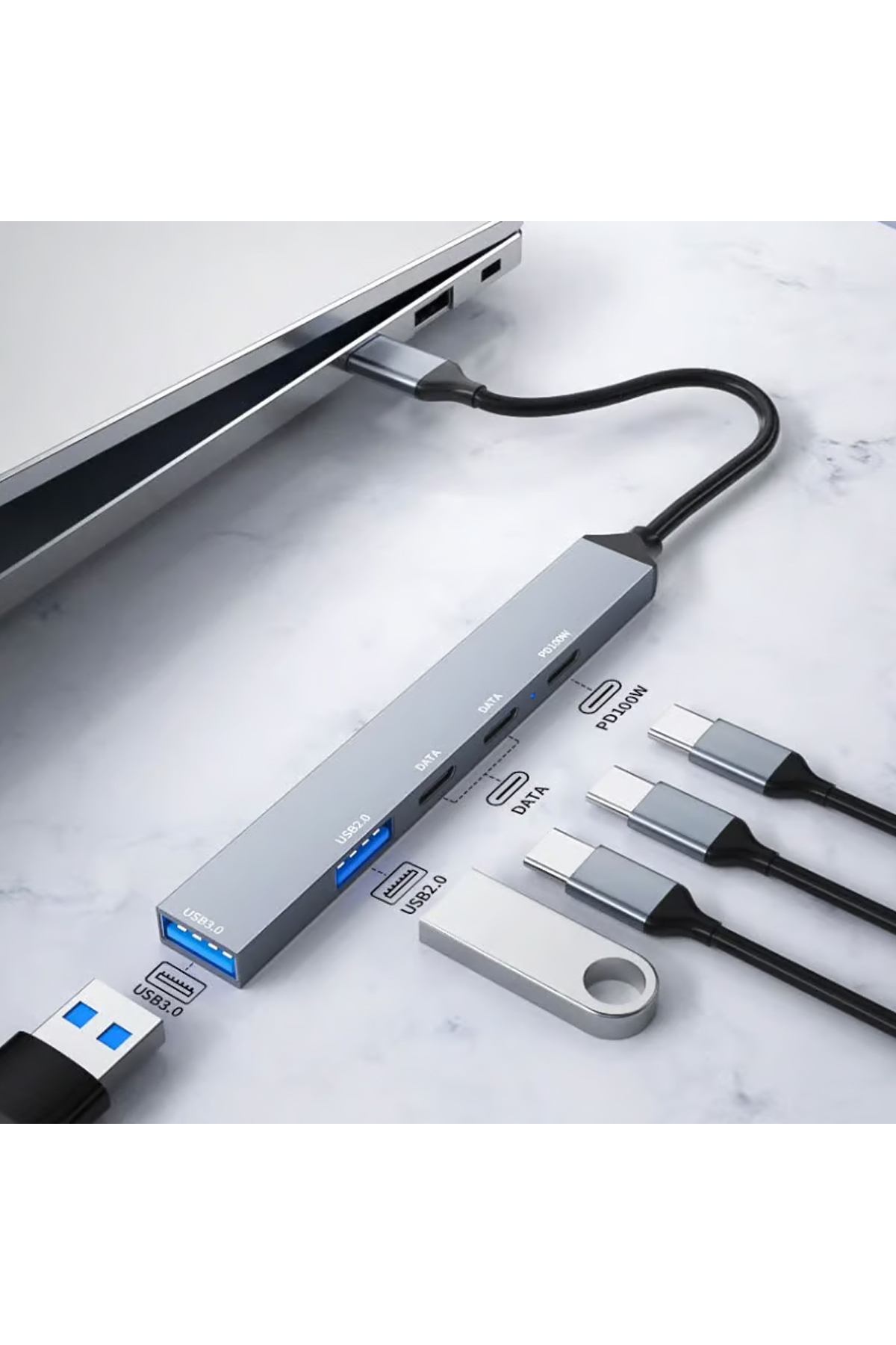 PD 100W 5in1 Type-C to USB Çoklayıcı Çevirici Hub 5 Port / 2xUSB / 3xType-C