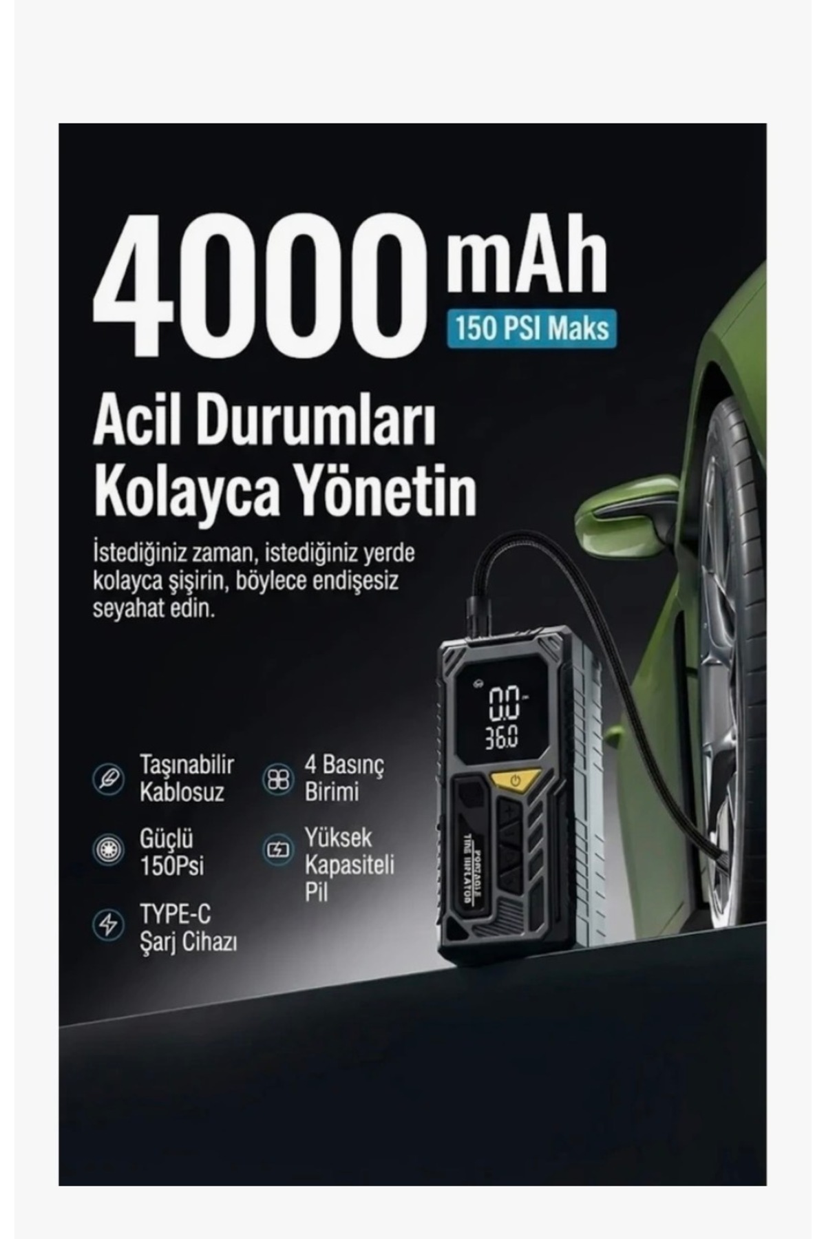 TAŞINABİLİR KOMPRESÖRLÜ HAVA POMPASI 4000 mAh