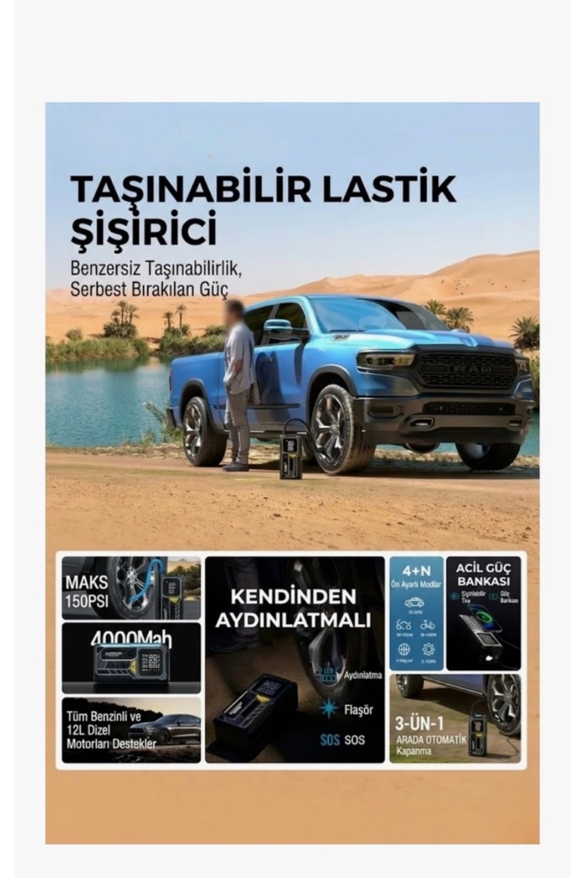 TAŞINABİLİR KOMPRESÖRLÜ HAVA POMPASI 4000 mAh